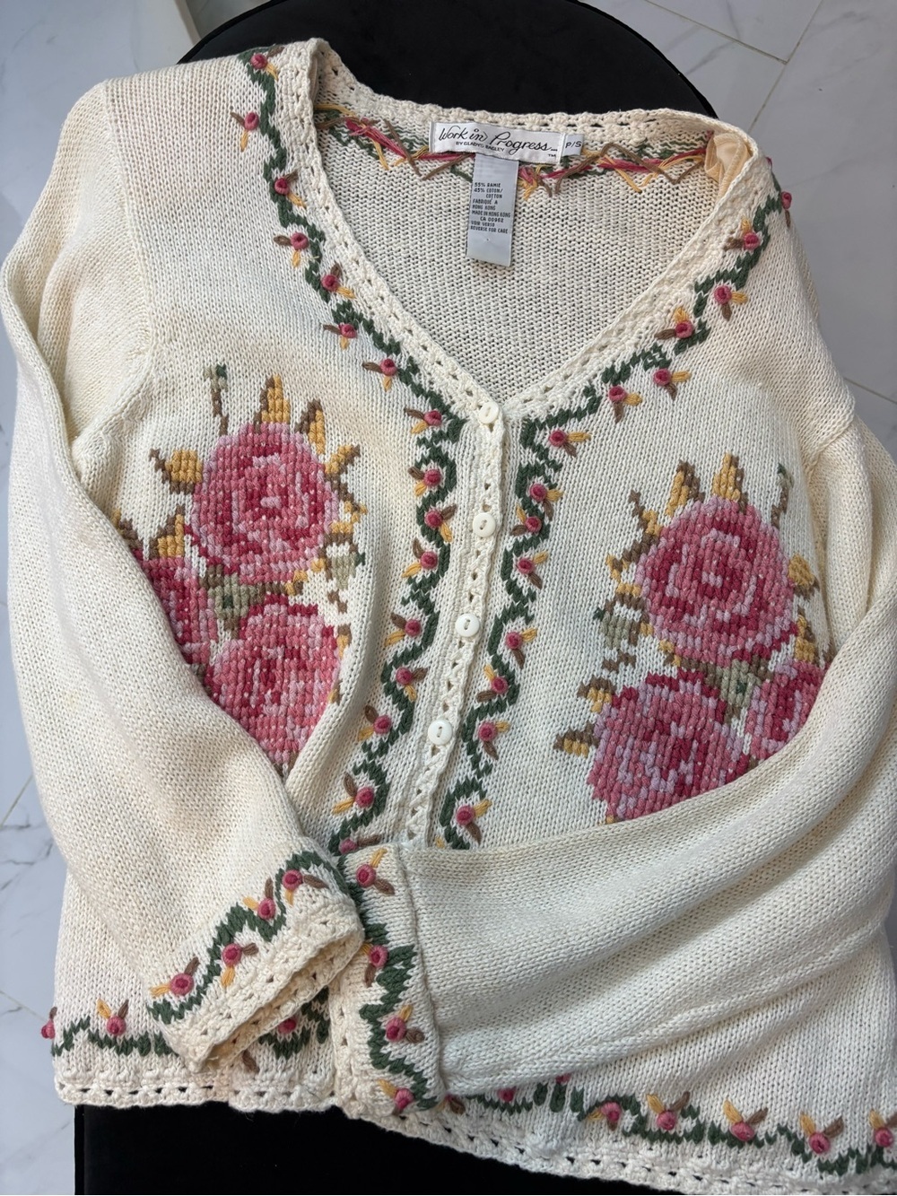 Cream Floral V-Neck Sweater with Pink Rose Embroidery - Picture 13 of 13